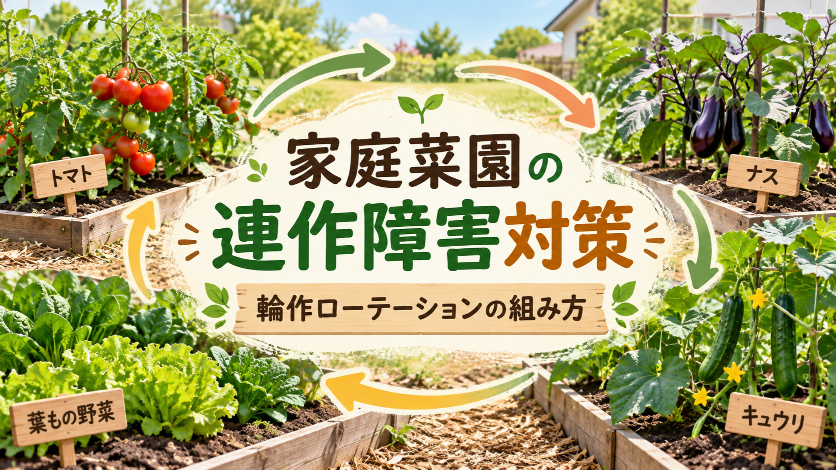 家庭菜園の連作障害対策と輪作ローテーションの組み方を解説する図解。トマト・ナス・キュウリ・葉物野菜を4区画に分けた栽培例