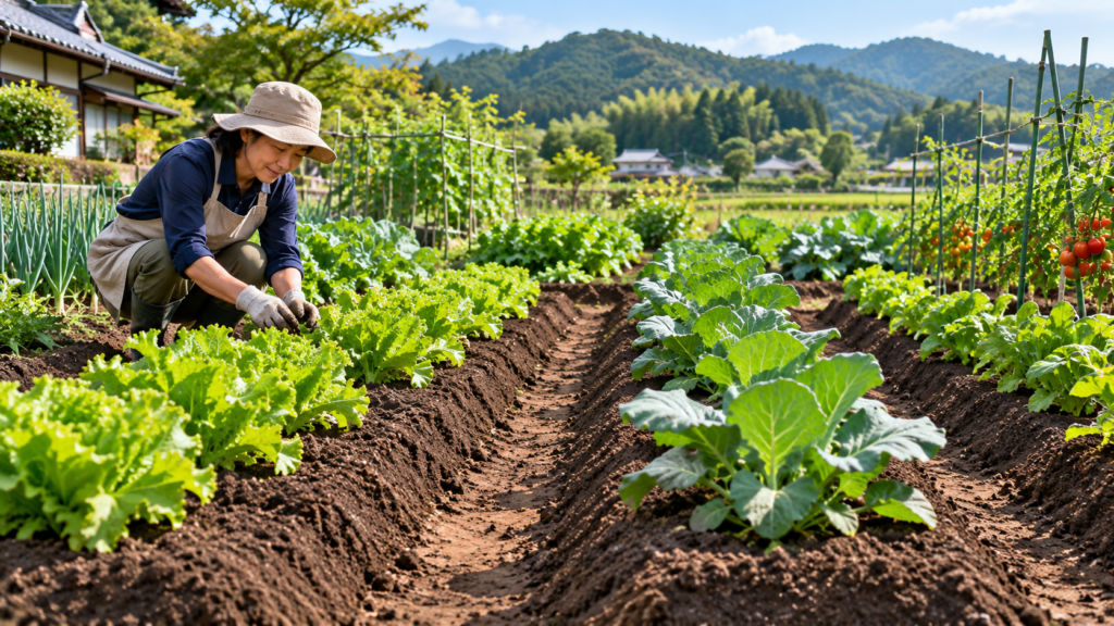 家庭菜園の畝で葉物野菜を育てながら手入れする様子