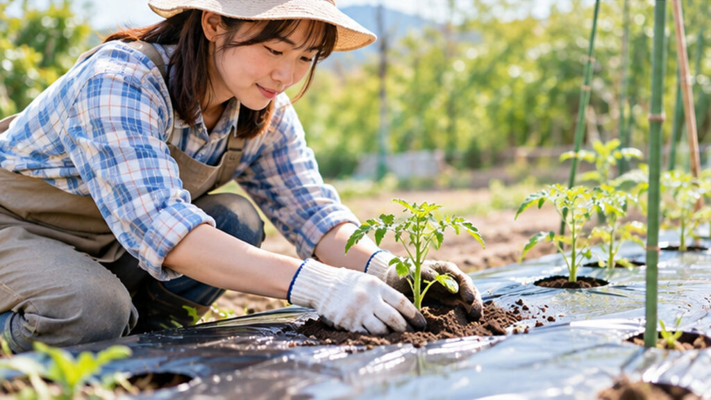 春の家庭菜園で日本人女性がマルチを張った畝に夏野菜の苗を植え付ける様子