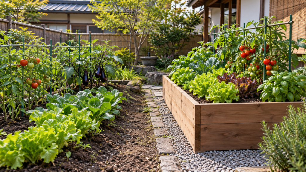 家庭菜園の地植えと木製レイズドベッドで野菜を育てる庭の比較