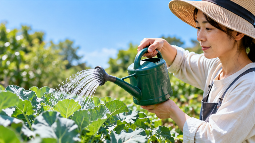真夏の家庭菜園で麦わら帽子をかぶった女性がジョウロで野菜に水やりをする様子