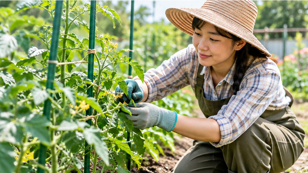 6月の家庭菜園で麦わら帽子をかぶった女性が、支柱を立てたトマトの株を手入れする様子