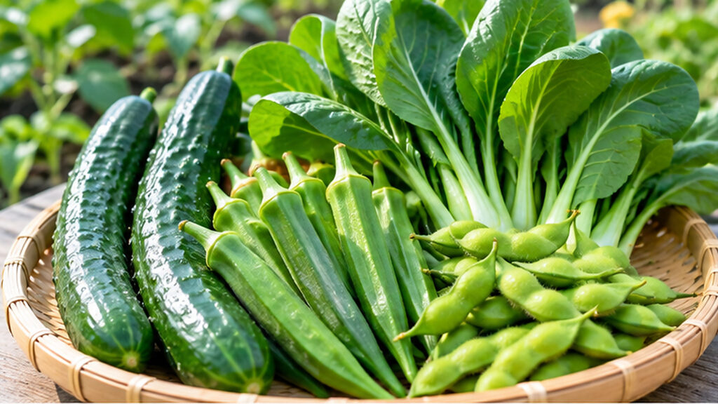 6月の家庭菜園で育てられるキュウリ・オクラ・エダマメ・葉物野菜を並べた収穫野菜の写真