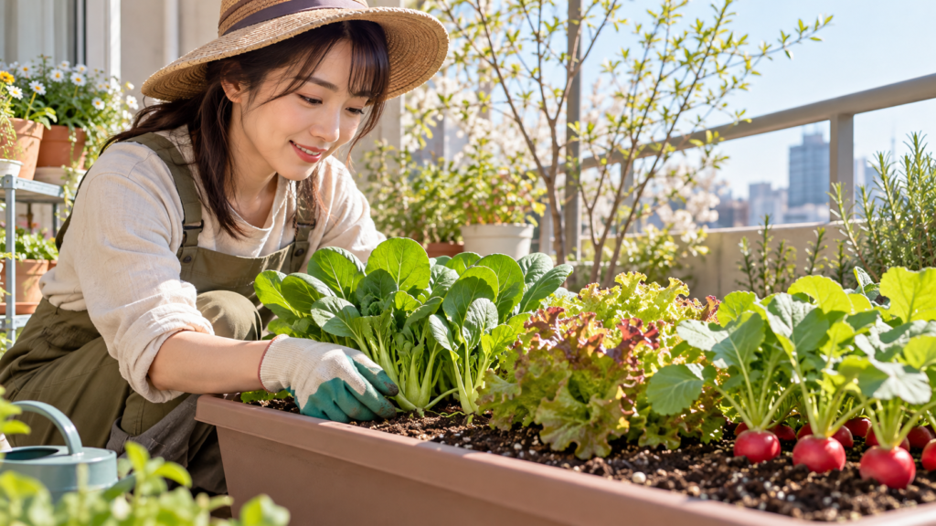3月のベランダ家庭菜園で日本人女性がプランターの葉物野菜やラディッシュを育てる様子