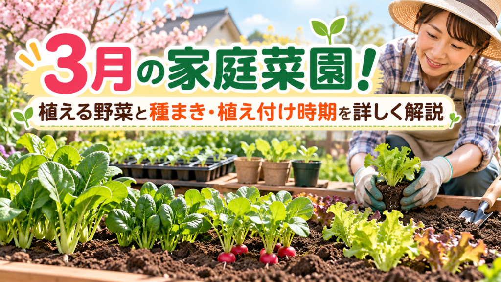 3月の家庭菜園で小松菜・ラディッシュ・レタスを育てる様子と、種まき・植え付け時期を解説するアイキャッチ画像