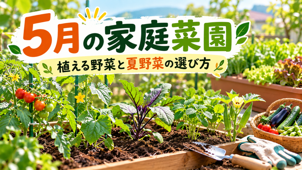5月の家庭菜園で育てるミニトマト・ナス・キュウリ・オクラなどの夏野菜と、初心者向けの野菜の選び方を紹介するアイキャッチ画像