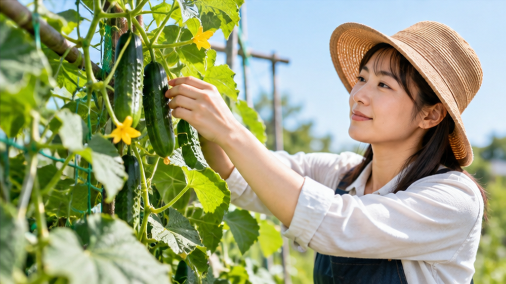5月の家庭菜園で麦わら帽子をかぶった女性がネットで育つキュウリの実やつるを確認している様子