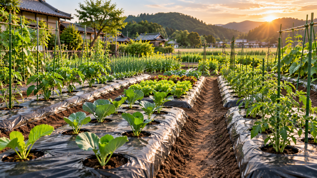 黒マルチを張った家庭菜園の畝で野菜を栽培する様子