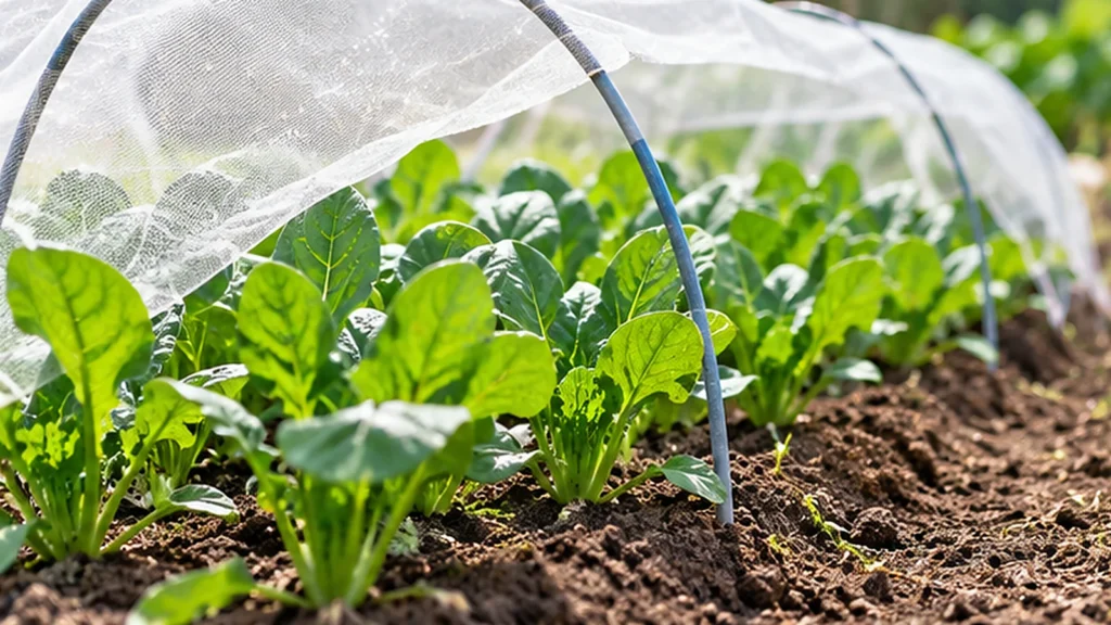10月の家庭菜園で葉物野菜を寒さから守るため、不織布と支柱でトンネルを設置した畑