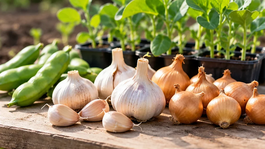 10月の家庭菜園で植え付けるニンニクの種球とタマネギ、背景に並ぶ野菜の苗