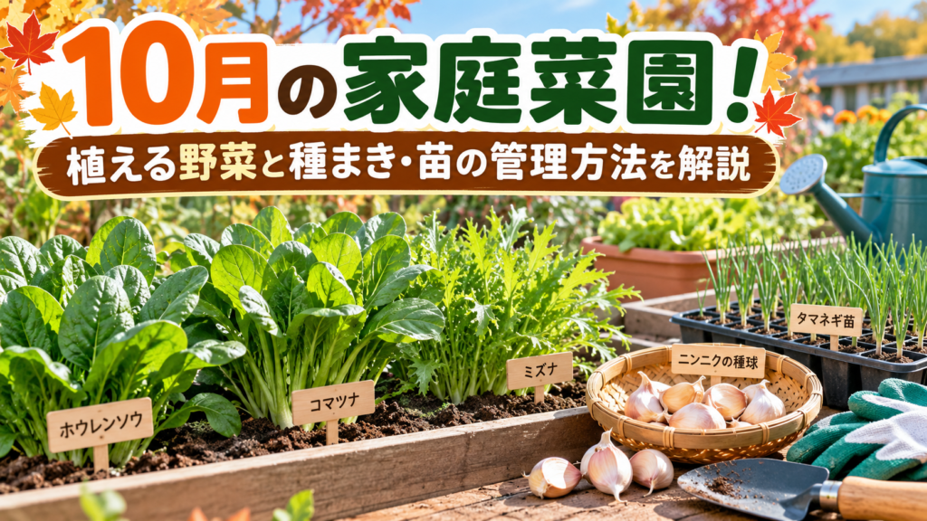 10月の家庭菜園で育てるホウレンソウ・コマツナ・ミズナと、ニンニクの種球やタマネギ苗を紹介するアイキャッチ画像