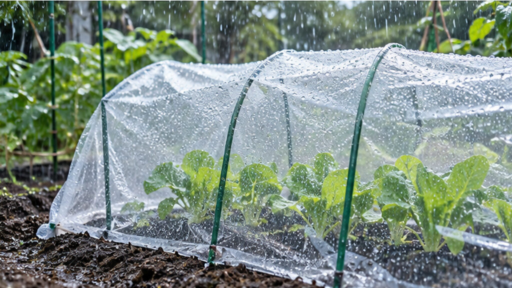 梅雨時期の家庭菜園で、雨粒の付いた透明なトンネル型の雨よけ資材で葉物野菜を覆う様子