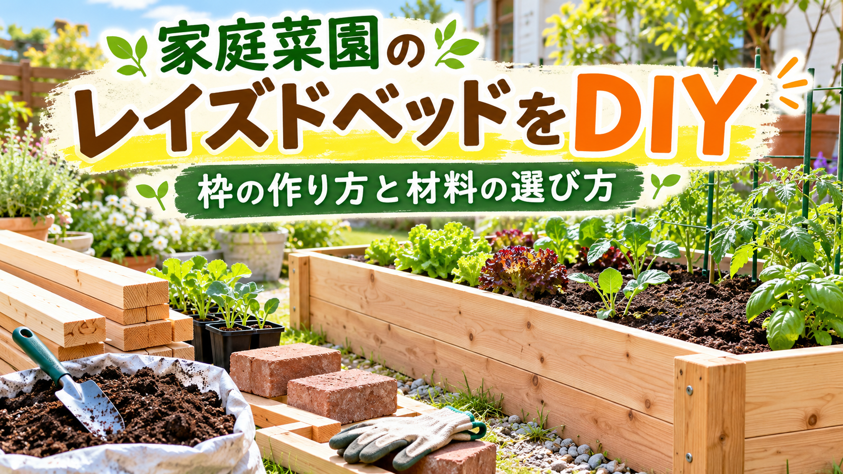 家庭菜園の木製レイズドベッドとDIY用の木材・レンガ・園芸道具
