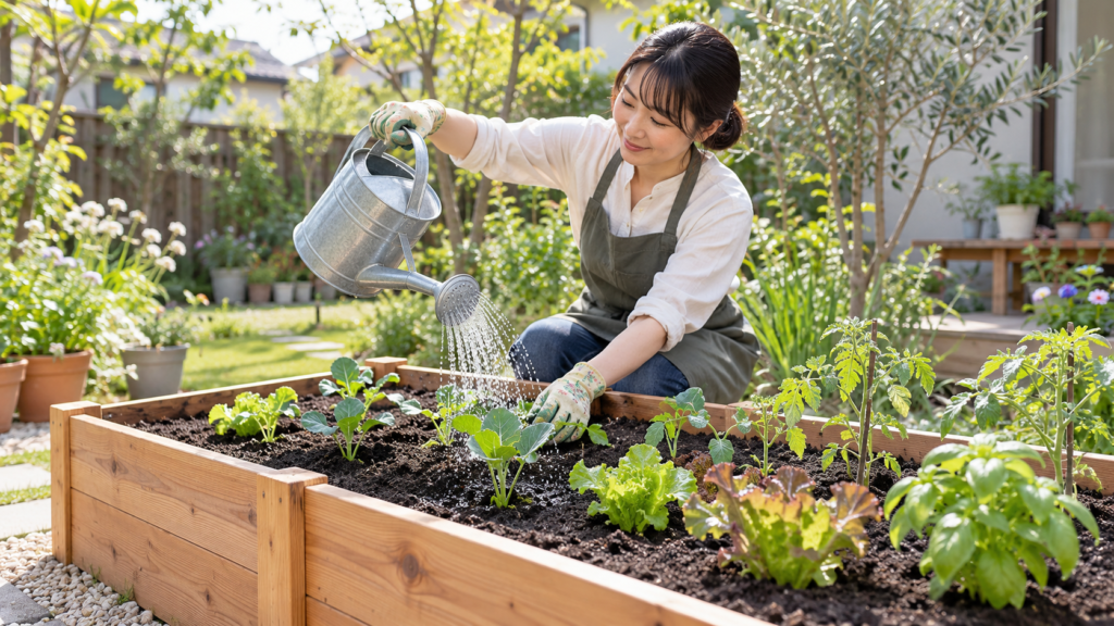 家庭菜園のレイズドベッドで苗に水やりをする様子