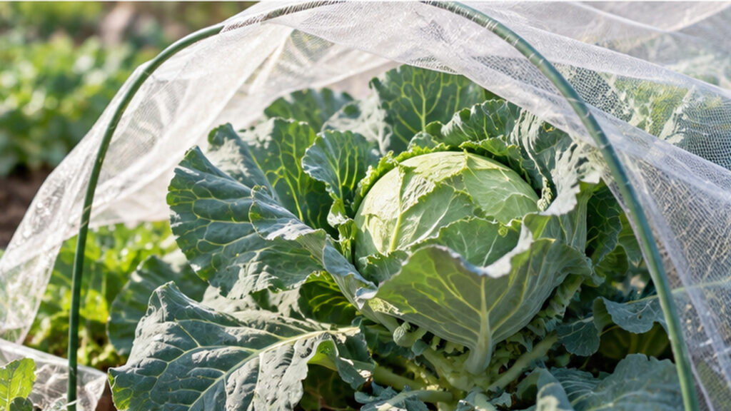 9月の家庭菜園でキャベツを防虫ネットで覆い害虫対策をしている様子